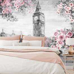 Fototapeta Big Ben z delikatnymi różami i wazonem