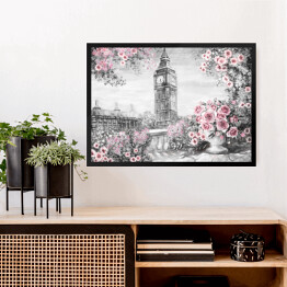 Obraz w ramie Big Ben z delikatnymi różami i wazonem