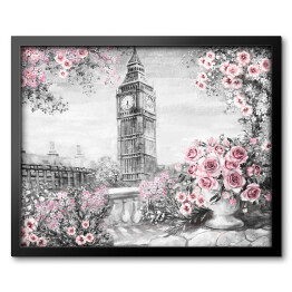 Obraz w ramie Big Ben z delikatnymi różami i wazonem