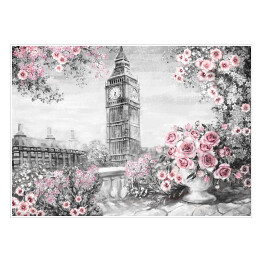 Plakat Big Ben z delikatnymi różami i wazonem