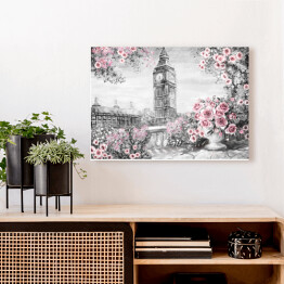 Obraz na płótnie Big Ben z delikatnymi różami i wazonem