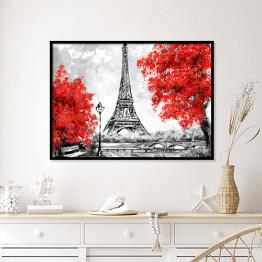 Plakat w ramie Widok na Paryż w czerwonym, białym i czarnym kolorze