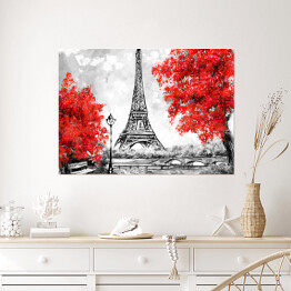 Plakat samoprzylepny Widok na Paryż w czerwonym, białym i czarnym kolorze
