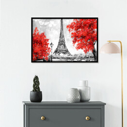 Plakat w ramie Widok na Paryż w czerwonym, białym i czarnym kolorze
