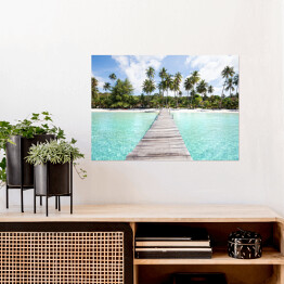 Plakat samoprzylepny Rajska plaża z turkusową wodą i drewnianym molo