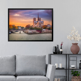 Obraz w ramie Francja z katedrą Notre Dame podczas zmierzchu