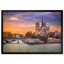 Plakat w ramie Francja z katedrą Notre Dame podczas zmierzchu