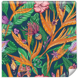Tapeta samoprzylepna w rolce Tropikalny wzór kwiatowy w żywych kolorach na ciemnym, zielonym tle