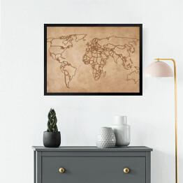 Obraz w ramie Mapa świata na starym kawałku papieru - granice państw
