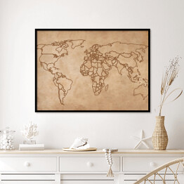 Plakat w ramie Mapa świata na starym kawałku papieru - granice państw