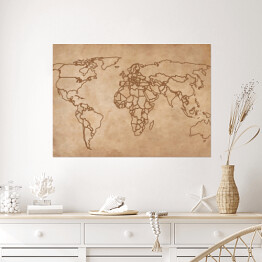 Plakat samoprzylepny Mapa świata na starym kawałku papieru - granice państw