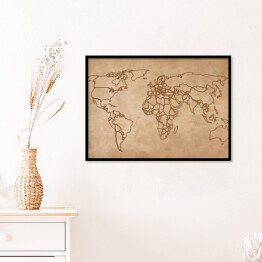 Plakat w ramie Mapa świata na starym kawałku papieru - granice państw