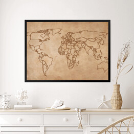 Obraz w ramie Mapa świata na starym kawałku papieru - granice państw