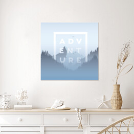 Plakat samoprzylepny Mglisty krajobraz górski - ilustracja z napisem "przygoda"