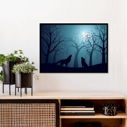 Plakat w ramie Wilki wyjące w lesie nocą