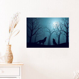 Plakat Wilki wyjące w lesie nocą