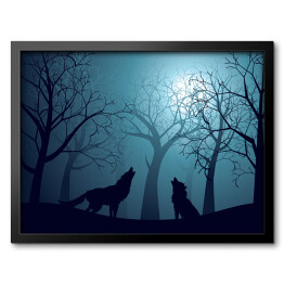 Obraz w ramie Wilki wyjące w lesie nocą