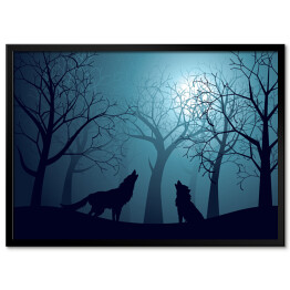 Plakat w ramie Wilki wyjące w lesie nocą