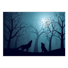 Plakat samoprzylepny Wilki wyjące w lesie nocą