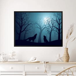 Obraz w ramie Wilki wyjące w lesie nocą