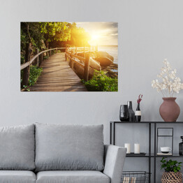 Plakat samoprzylepny Widok na zmierzch z perspektywy drewnianego mostu - Tajlandia