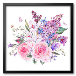 Obraz w ramie Bukiet z niebieskimi kwiatami i przebiśniegami na białym tle