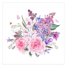Plakat samoprzylepny Bukiet z niebieskimi kwiatami i przebiśniegami na białym tle