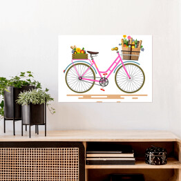 Plakat samoprzylepny Różowy rower z kwiatami i warzywami w koszach