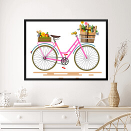 Obraz w ramie Różowy rower z kwiatami i warzywami w koszach