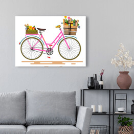 Obraz na płótnie Różowy rower z kwiatami i warzywami w koszach