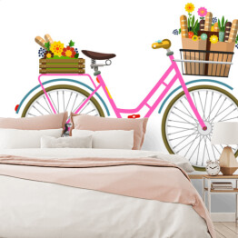 Fototapeta Różowy rower z kwiatami i warzywami w koszach