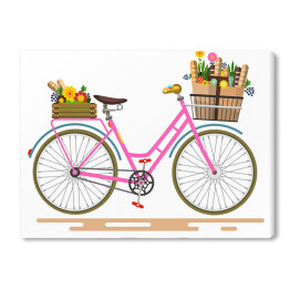 Różowy rower z kwiatami i warzywami w koszach