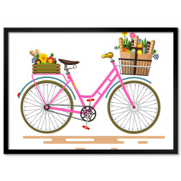 Plakat w ramie Różowy rower z kwiatami i warzywami w koszach