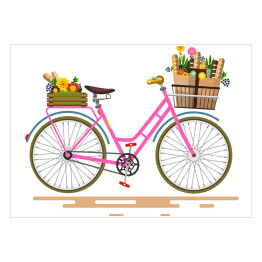 Różowy rower z kwiatami i warzywami w koszach