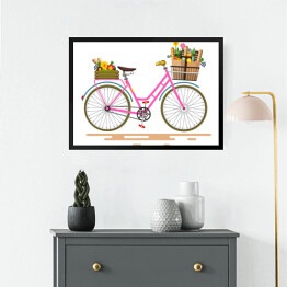 Obraz w ramie Różowy rower z kwiatami i warzywami w koszach