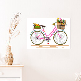 Plakat Różowy rower z kwiatami i warzywami w koszach