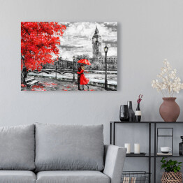 Obraz na płótnie Mężczyzna i kobieta pod czerwonym parasolem na tle Big Bena