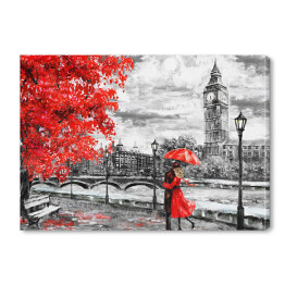 Mężczyzna i kobieta pod czerwonym parasolem na tle Big Bena