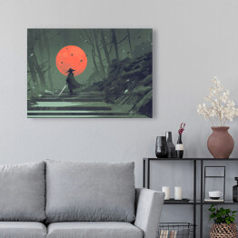 Samuraj w lesie na tle czerwonego księżyca