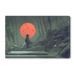 Samuraj w lesie na tle czerwonego księżyca
