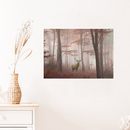 Plakat Jeleń w lesie we mgle jesienią
