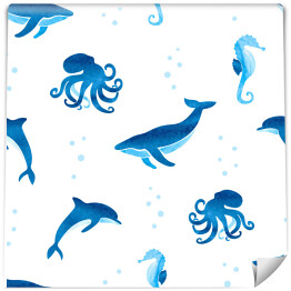 Tapeta winylowa zmywalna w rolce Akwarela - delfin, ośmiornica i konik morski w odcieniach koloru niebieskiego