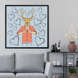 Obraz w ramie Jeleń w garniturze z serduszkami