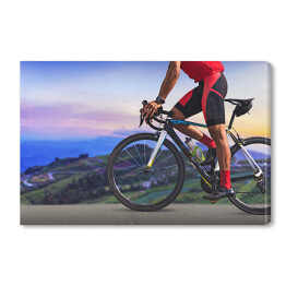 Obraz na płótnie Mężczyzna na bicyklu na drodze między pięknymi górami