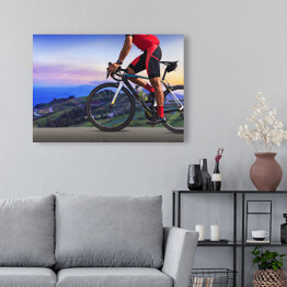 Obraz na płótnie Mężczyzna na bicyklu na drodze między pięknymi górami