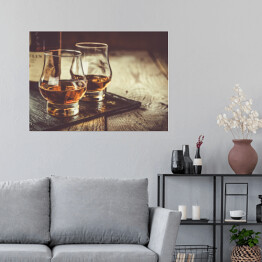 Plakat Whisky z lodem w kieliszkach na rustykalnym tle