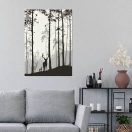 Plakat samoprzylepny Rodziny jeleni i ptaków w lesie sosnowym