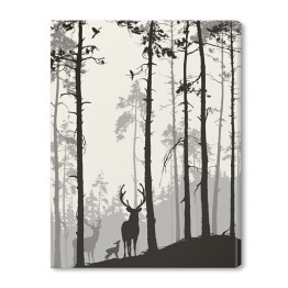 Obraz na płótnie Rodziny jeleni i ptaków w lesie sosnowym