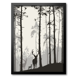 Obraz w ramie Rodziny jeleni i ptaków w lesie sosnowym