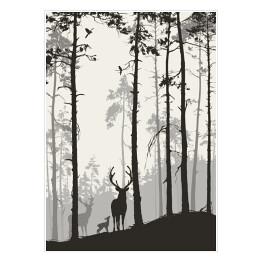 Plakat Rodziny jeleni i ptaków w lesie sosnowym